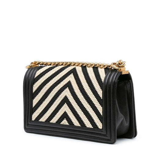 Black Chanel Medium Braided Chevron Cotton and Lambskin Boy Flap Crossbody Bag