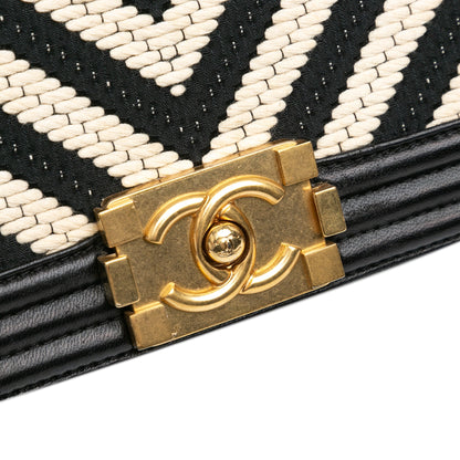 Black Chanel Medium Braided Chevron Cotton and Lambskin Boy Flap Crossbody Bag
