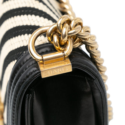Black Chanel Medium Braided Chevron Cotton and Lambskin Boy Flap Crossbody Bag