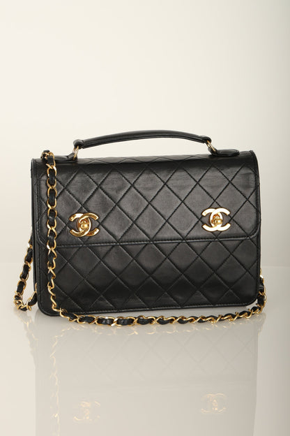 Extremely Rare Chanel 1989 Lambskin Double Turnlock Mini Briefcase