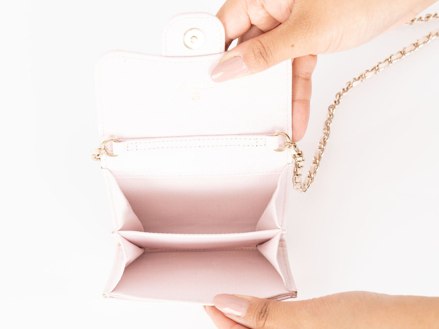 Chanel 2021 Light Pink Caviar Cardholder Flap on Chain