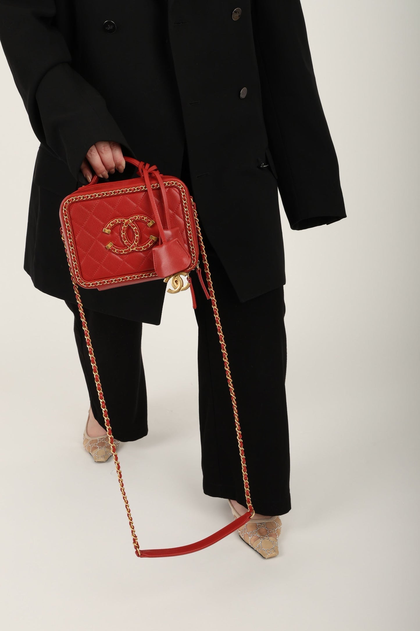 Chanel 2020 Calfskin Filigree Chain Around Small Vanity Bag