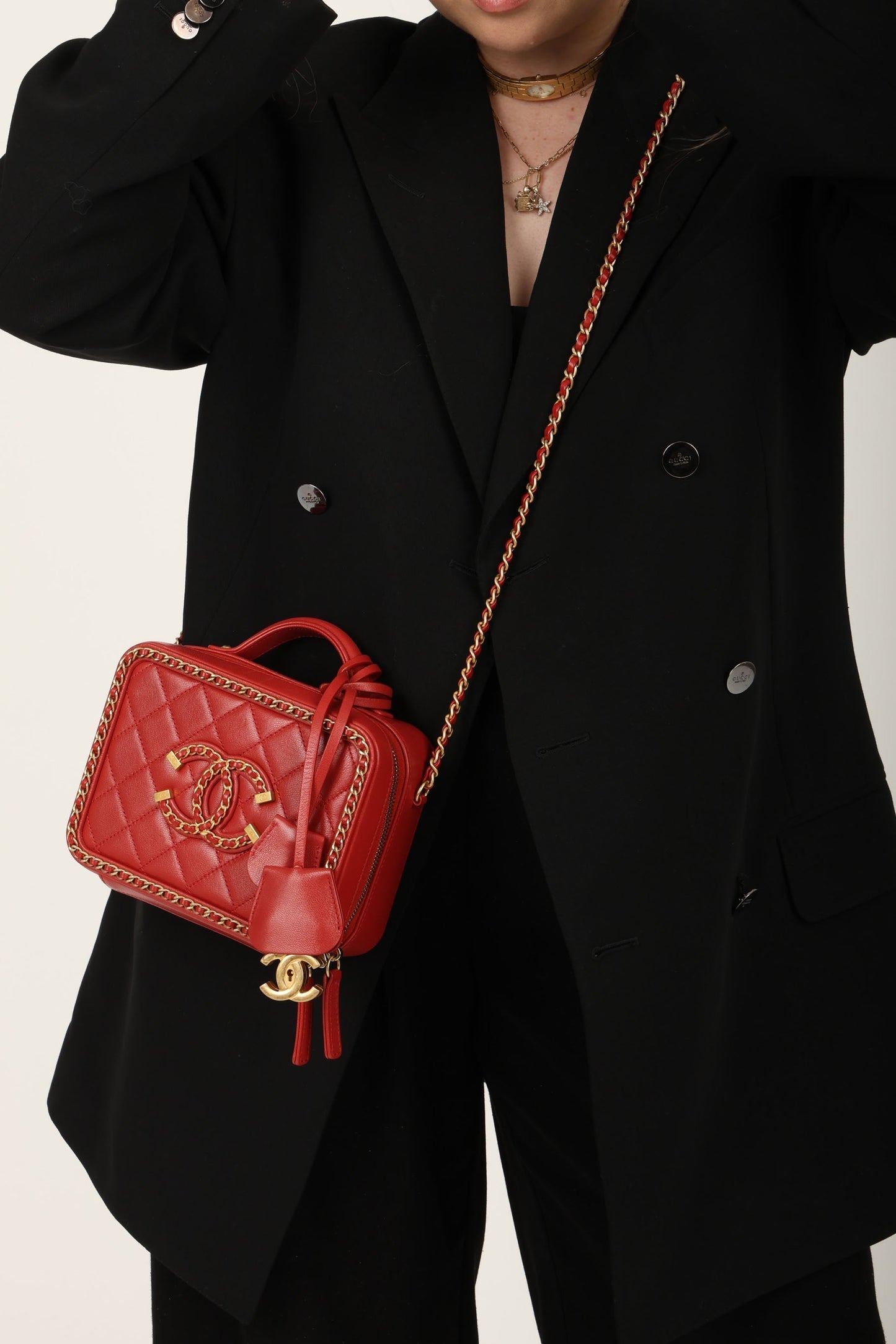 Chanel 2020 Calfskin Filigree Chain Around Small Vanity Bag