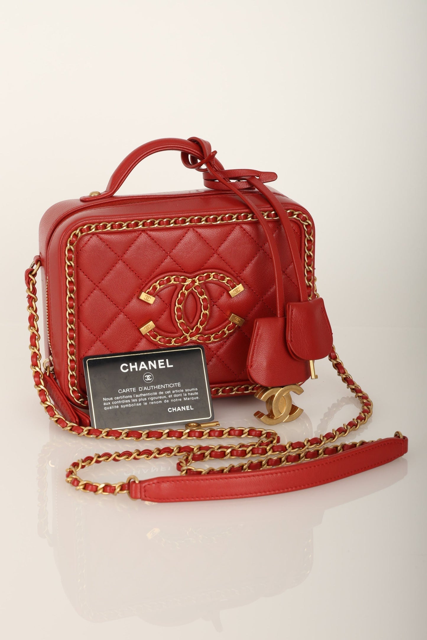 Chanel 2020 Calfskin Filigree Chain Around Small Vanity Bag