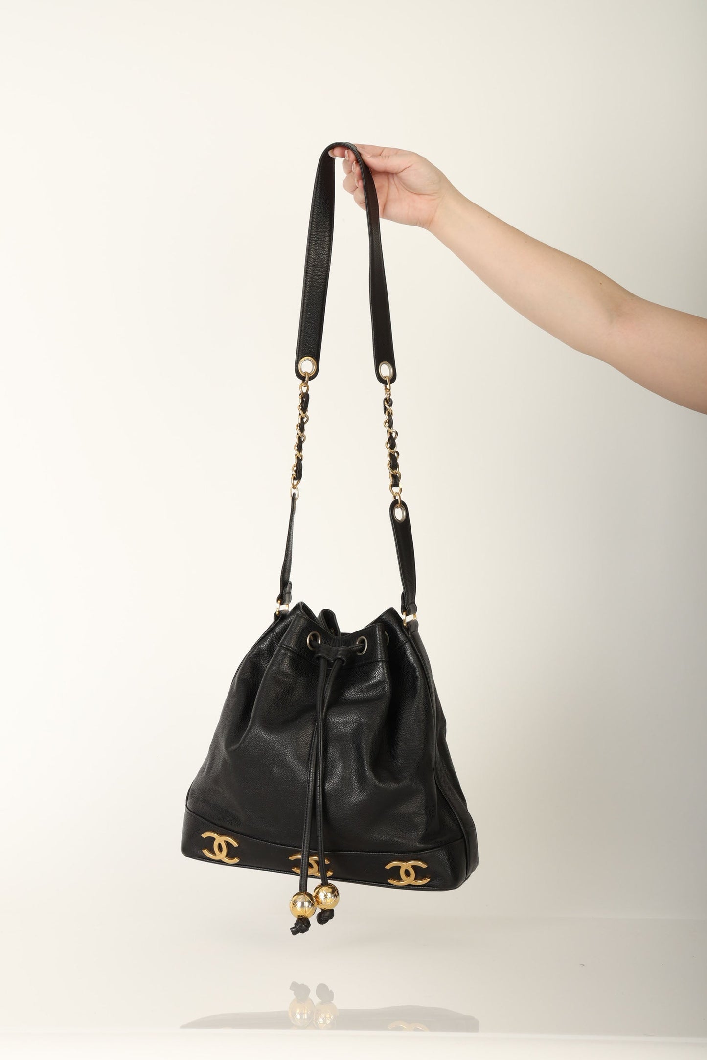 Chanel 1991 Caviar Triple CC Bucket Bag w/ Pouch