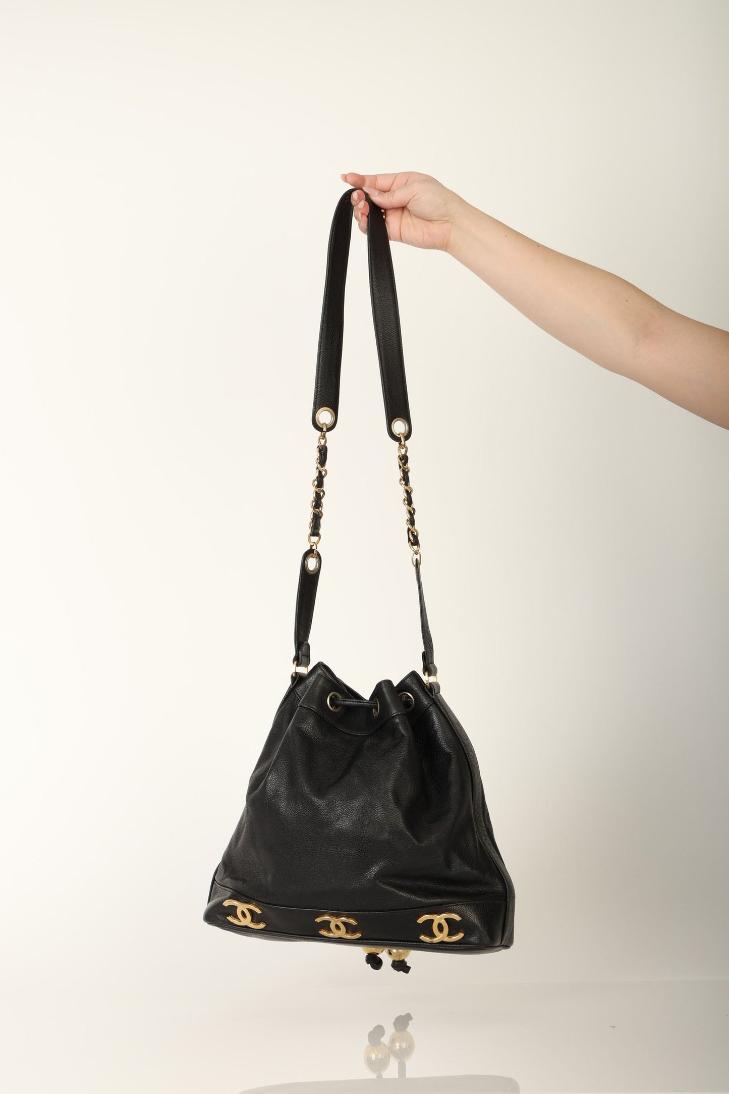 Chanel 1991 Caviar Triple CC Bucket Bag w/ Pouch