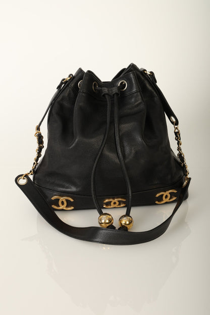 Chanel 1991 Caviar Triple CC Bucket Bag w/ Pouch