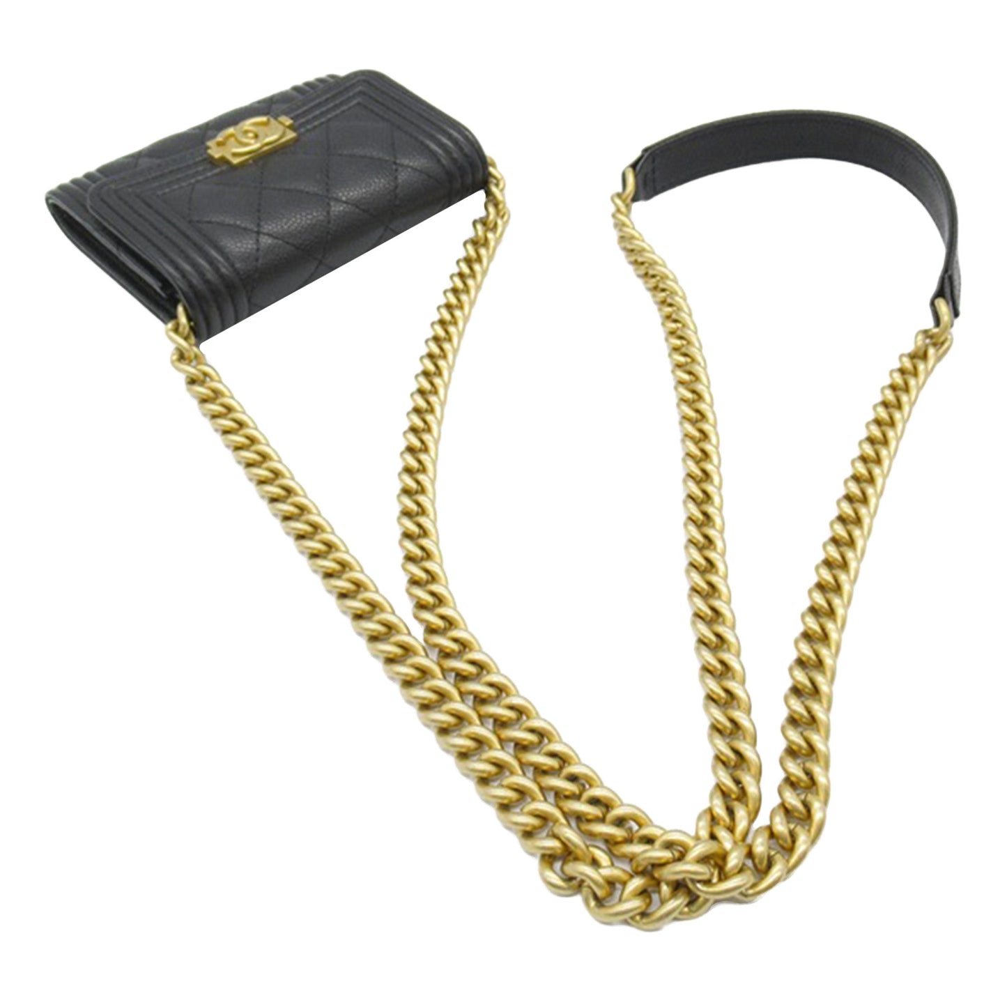 Black Chanel Quilted Caviar Boy Card Holder with Chain Crossbody Bag