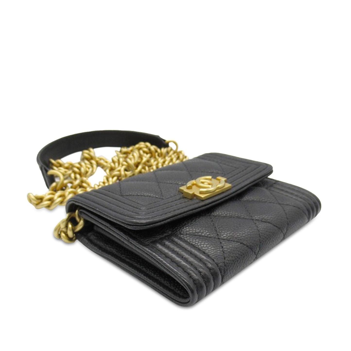 Black Chanel Quilted Caviar Boy Card Holder with Chain Crossbody Bag