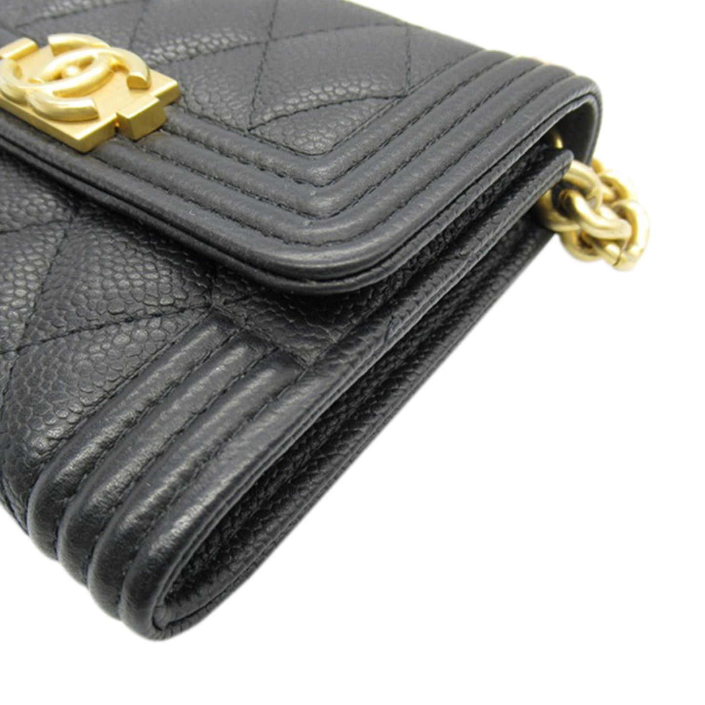 Black Chanel Quilted Caviar Boy Card Holder with Chain Crossbody Bag