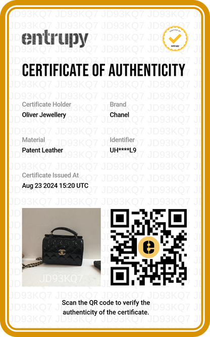 Chanel 2022 Black Quilted Patent Leather Mini Top Handle Flap Bag w/ Receipt