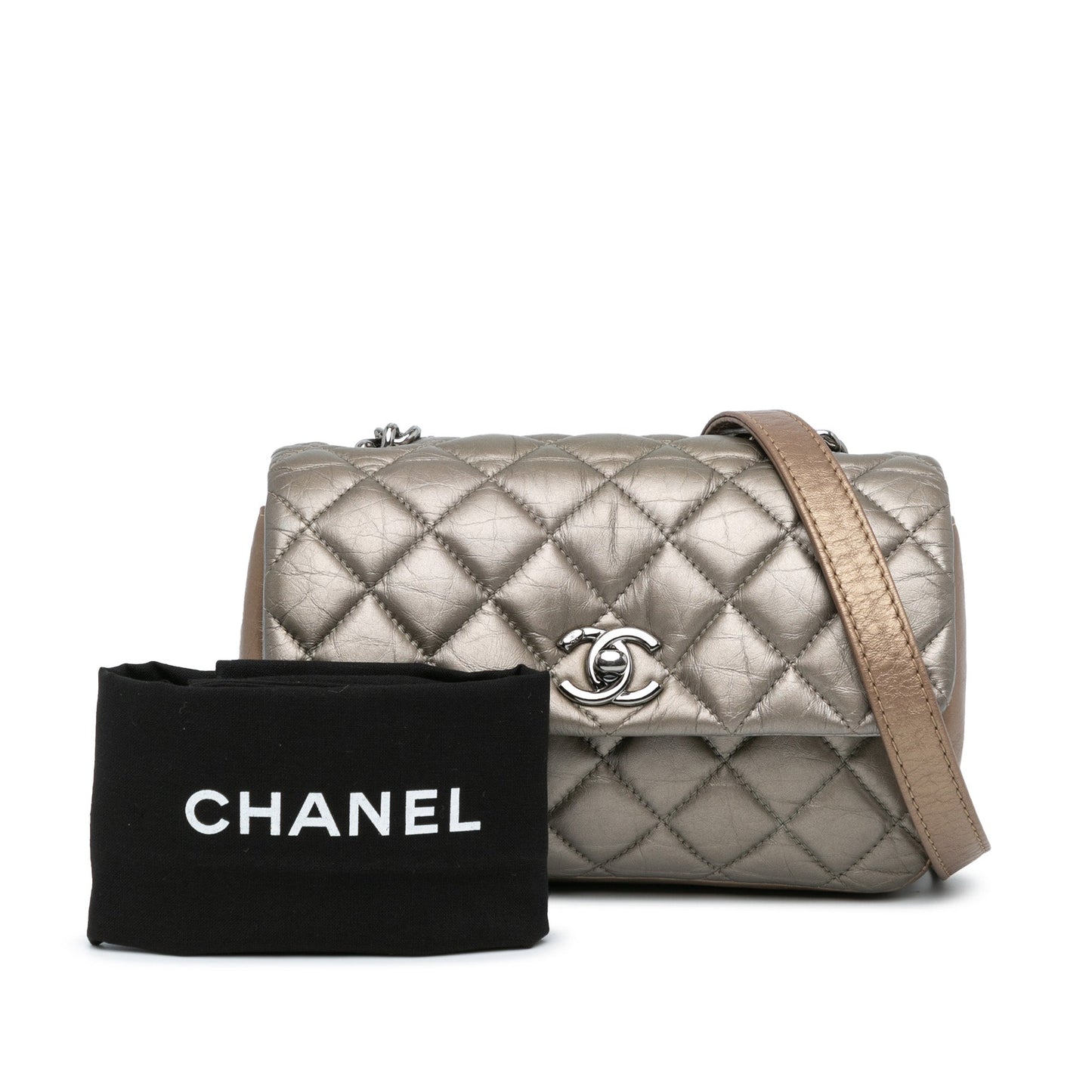 Grey Chanel Mini Quilted Metallic Calfskin Lady Pearly Flap Crossbody Bag