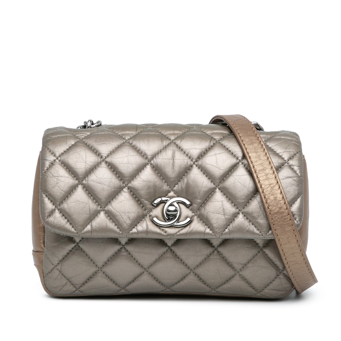Grey Chanel Mini Quilted Metallic Calfskin Lady Pearly Flap Crossbody Bag