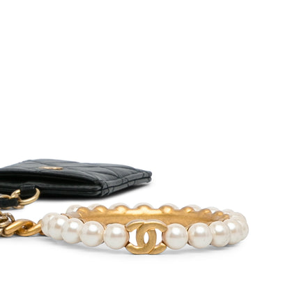 Black Chanel Lambskin Pearl Crown CC Wristlet Multi Pouches Clutch Bag