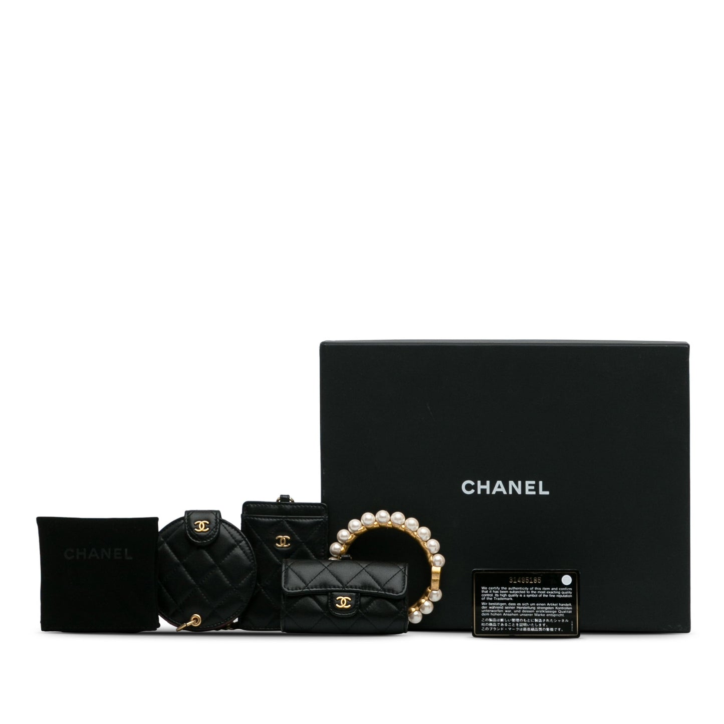 Black Chanel Lambskin Pearl Crown CC Wristlet Multi Pouches Clutch Bag