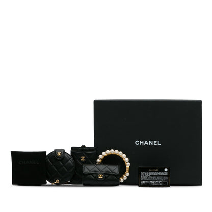 Black Chanel Lambskin Pearl Crown CC Wristlet Multi Pouches Clutch Bag