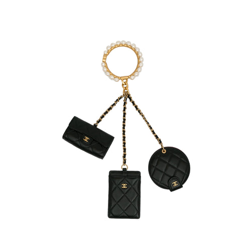 Black Chanel Lambskin Pearl Crown CC Wristlet Multi Pouches Clutch Bag