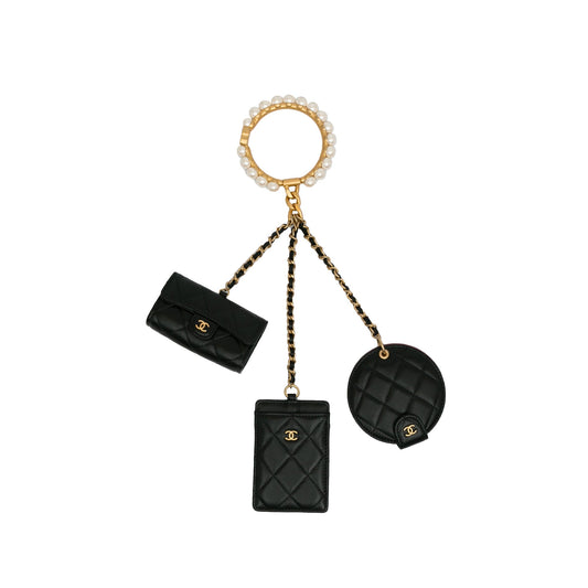 Black Chanel Lambskin Pearl Crown CC Wristlet Multi Pouches Clutch Bag