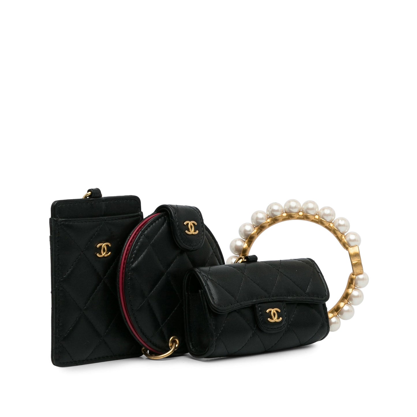 Black Chanel Lambskin Pearl Crown CC Wristlet Multi Pouches Clutch Bag