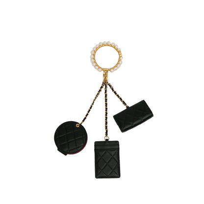 Black Chanel Lambskin Pearl Crown CC Wristlet Multi Pouches Clutch Bag
