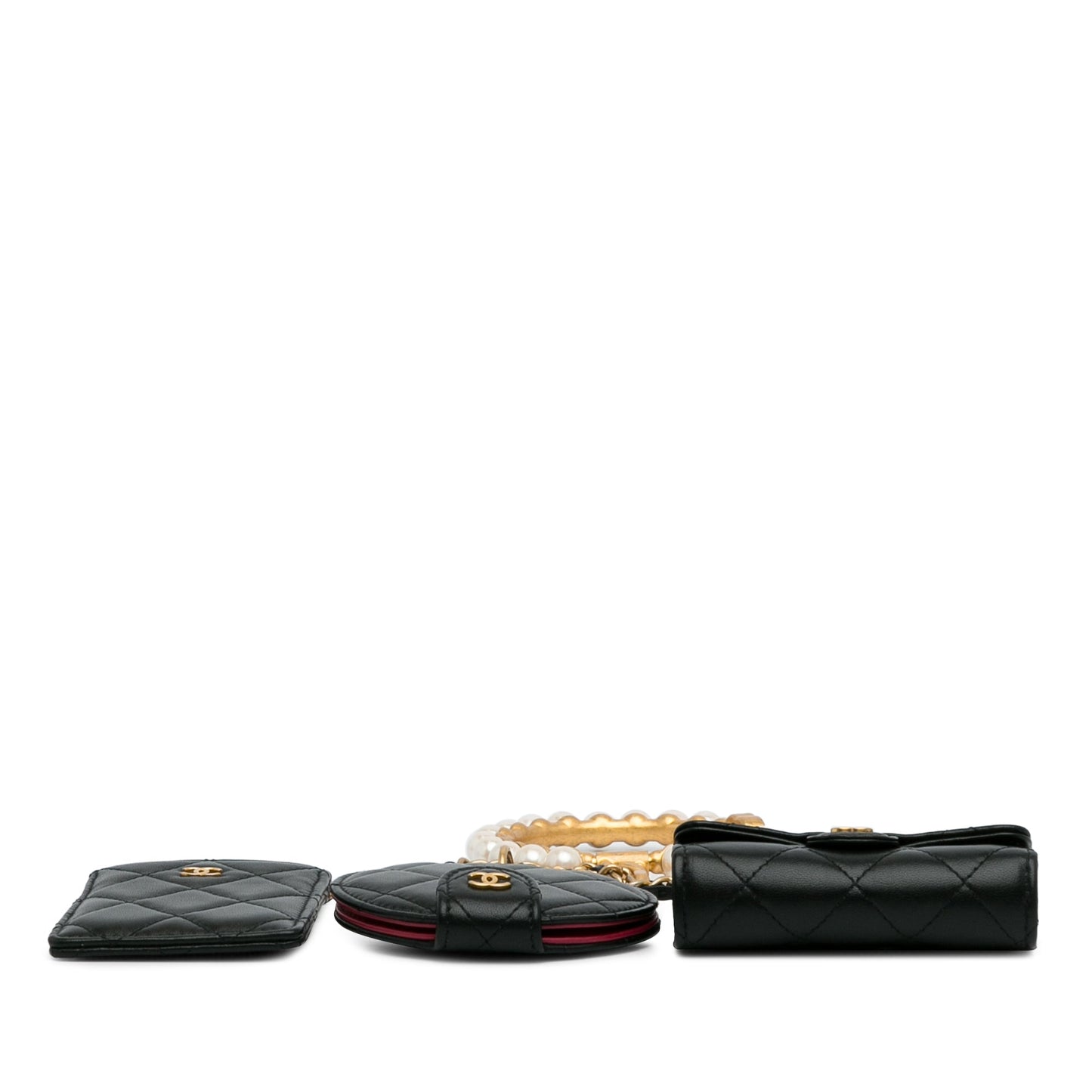 Black Chanel Lambskin Pearl Crown CC Wristlet Multi Pouches Clutch Bag