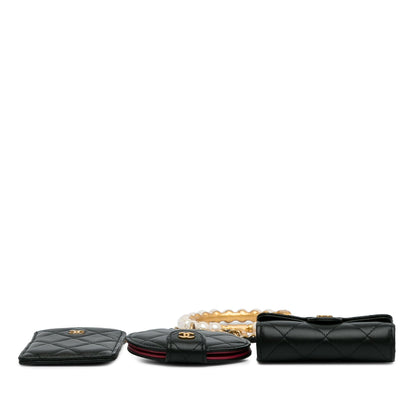Black Chanel Lambskin Pearl Crown CC Wristlet Multi Pouches Clutch Bag