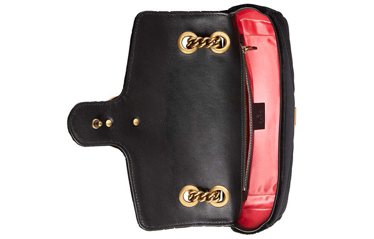 (WMNS) Gucci GG Marmont Gold Logo Velvet Chain Shoulder Messenger Bag Small Black Classic 443497-K4D2T-1000