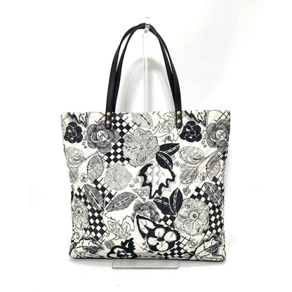Chanel Shopping Tote Bag Black White Cotton Canvas Leather Silk