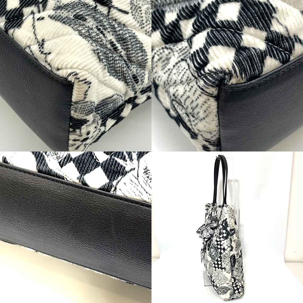 Chanel Shopping Tote Bag Black White Cotton Canvas Leather Silk