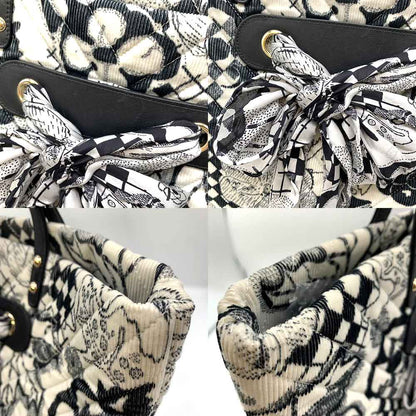 Chanel Shopping Tote Bag Black White Cotton Canvas Leather Silk