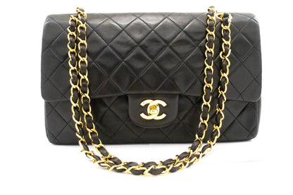 CHANEL Classic Double Flap 10" Chain Shoulder Bag Black Lambskin k74