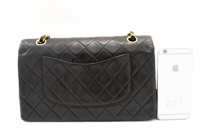 CHANEL Classic Double Flap 10" Chain Shoulder Bag Black Lambskin k74