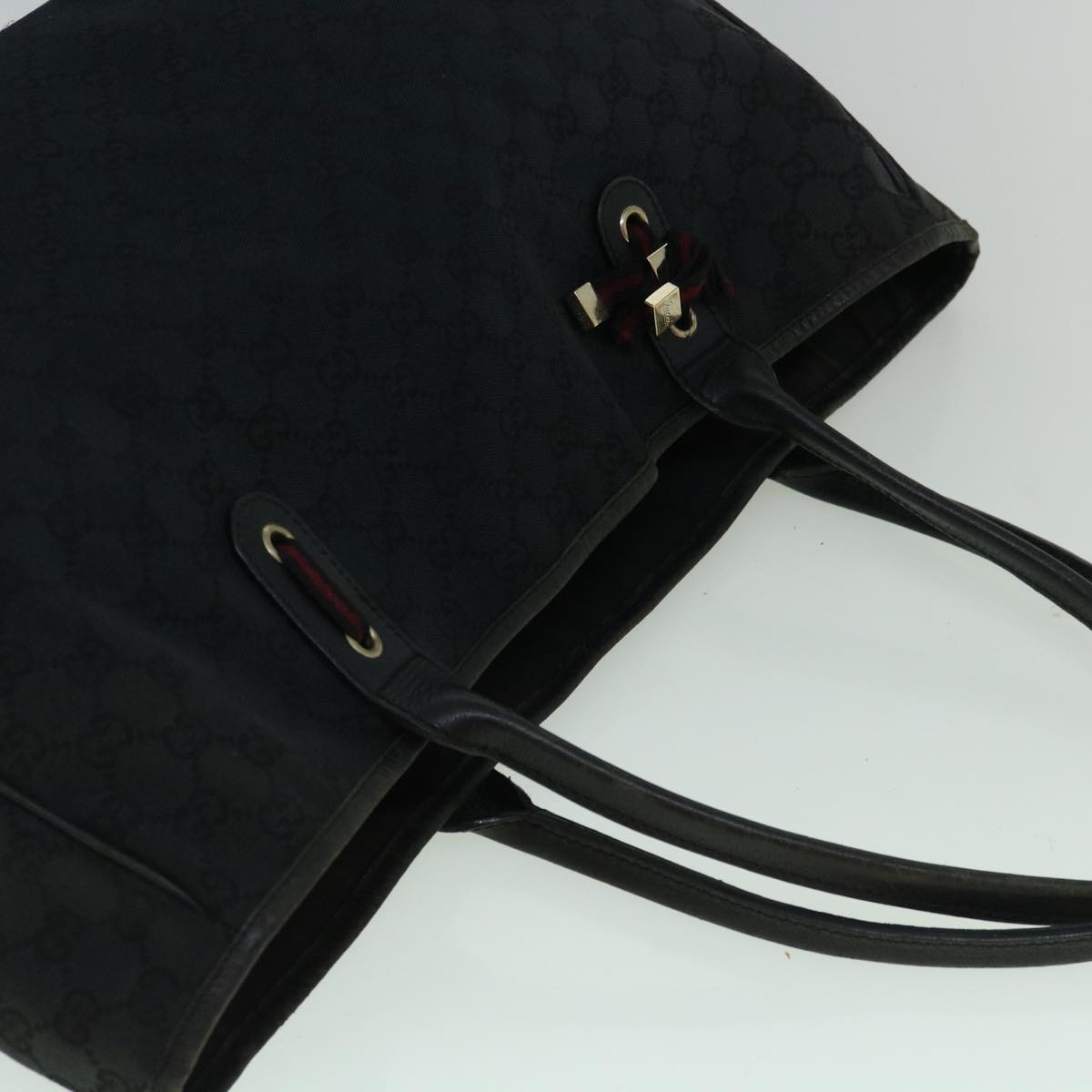 GUCCI GG Canvas Sherry Line Tote Bag Black Red 161719  60141