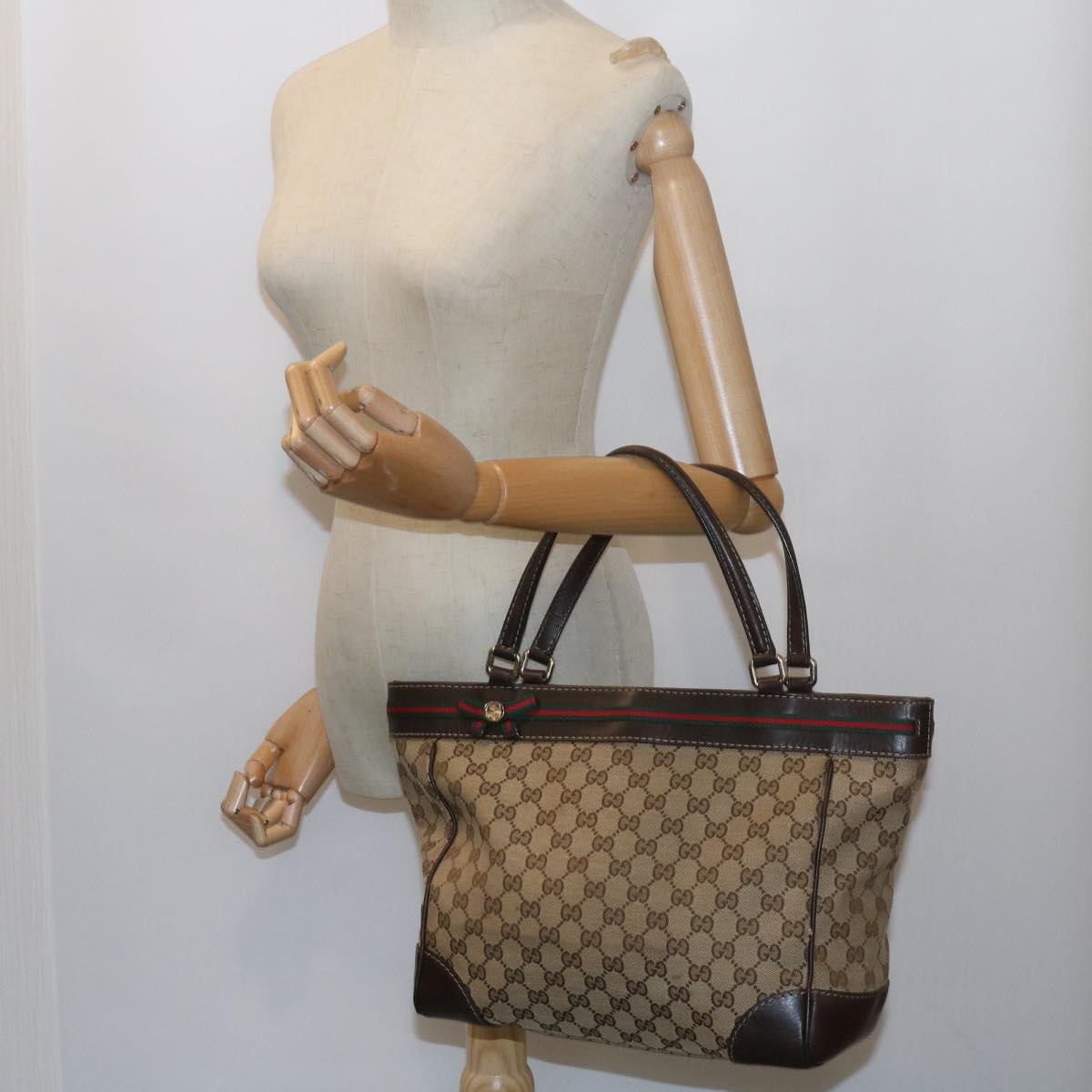 GUCCI GG Canvas Web Sherry Line Tote Bag Red Beige Green 257061  60154