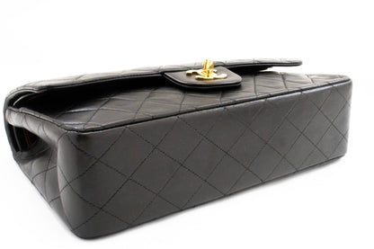 CHANEL Classic Double Flap 10" Chain Shoulder Bag Black Lambskin k74