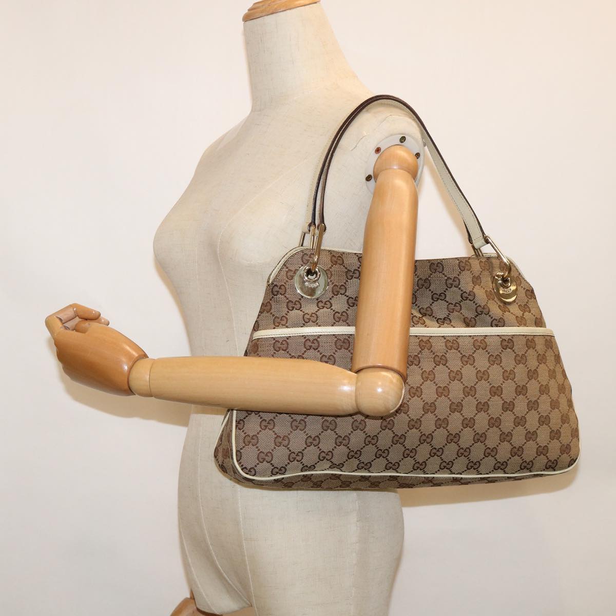 GUCCI GG Canvas Tote Bag Beige White 121023  60389