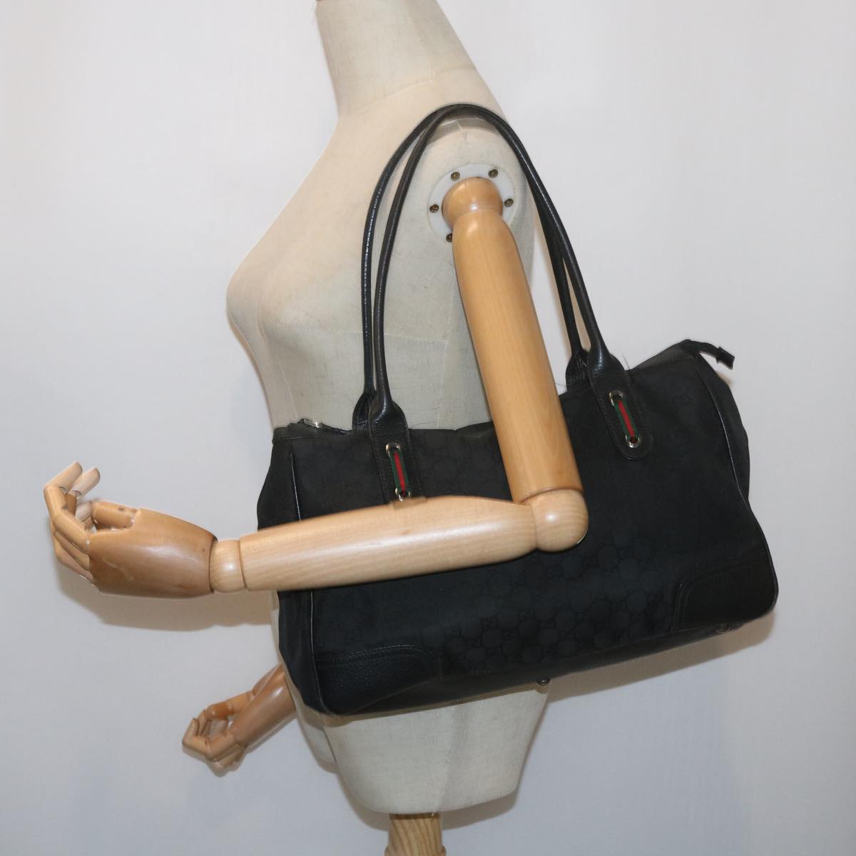 GUCCI GG Canvas Web Sherry Line Tote Bag Black Red Green 293599  60519