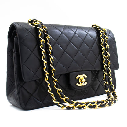 CHANEL Classic Double Flap 10" Chain Shoulder Bag Black Lambskin k69