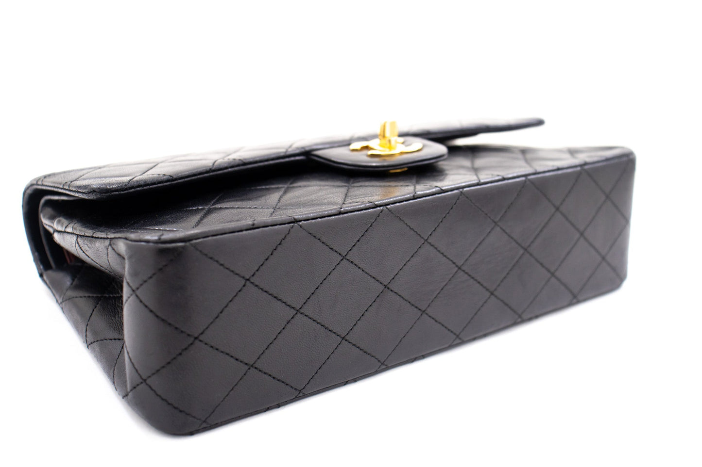 CHANEL Classic Double Flap 10" Chain Shoulder Bag Black Lambskin k69