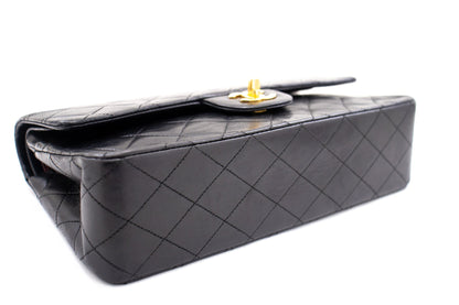 CHANEL Classic Double Flap 10" Chain Shoulder Bag Black Lambskin k69
