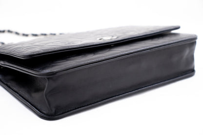 CHANEL Black Camellia Embossed Wallet On Chain WOC Shoulder Bag k68