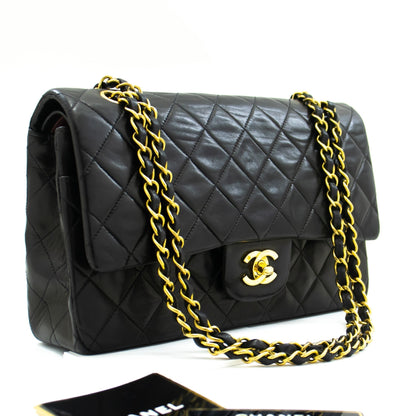 CHANEL Classic Double Flap 10" Chain Shoulder Bag Black Lambskin k71