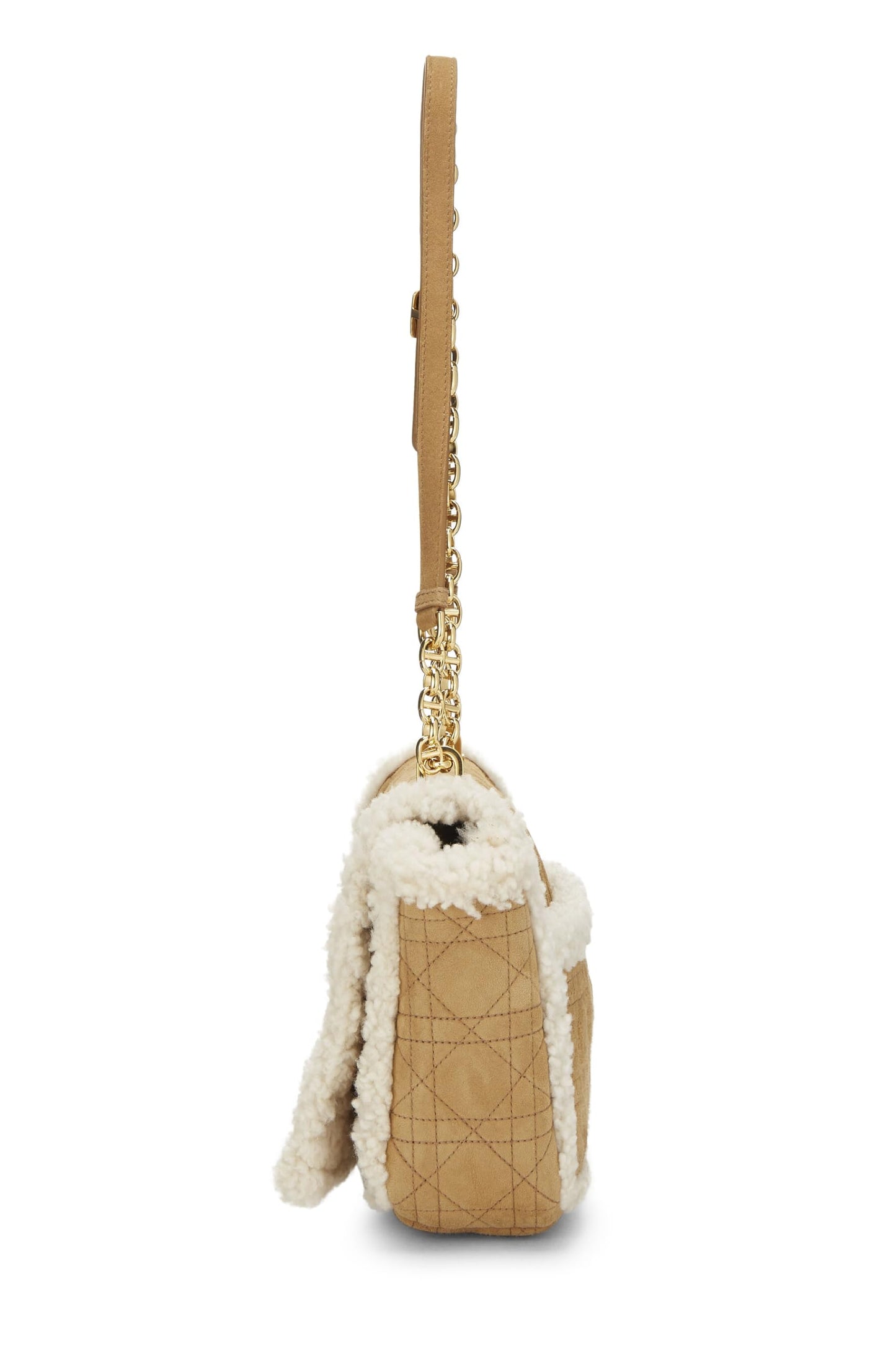 Dior, Beige Cannage Shearling Caro Bag Medium, Brown