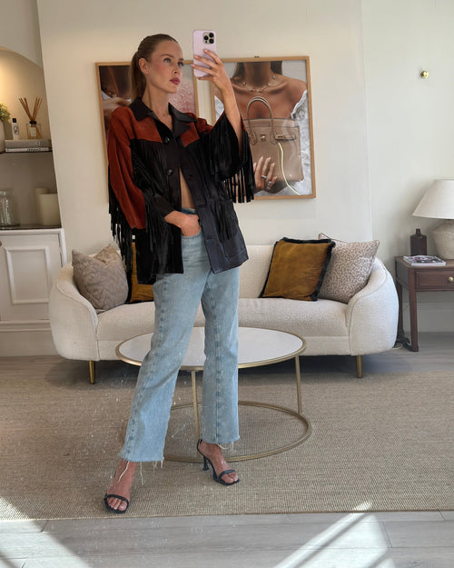 Gucci Black and Orange Leather Fringe and Studded Jacket in Size IT 36 (UK 4)
