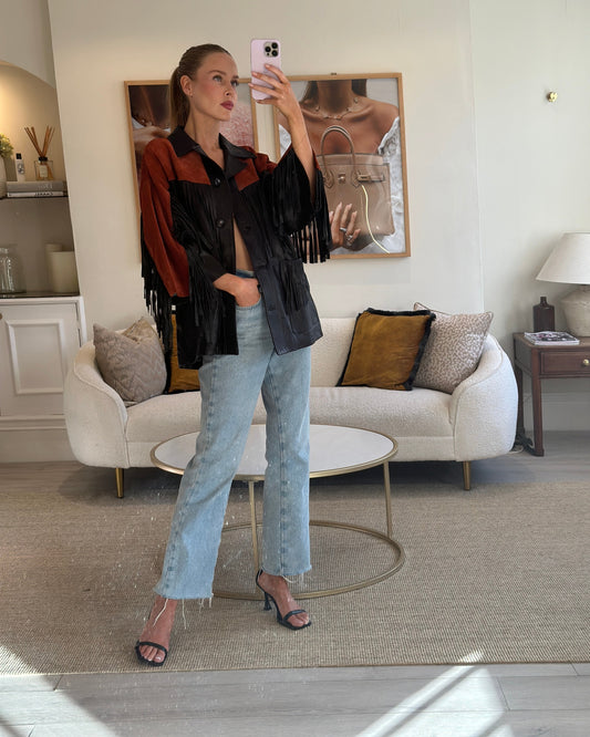 Gucci Black and Orange Leather Fringe and Studded Jacket in Size IT 36 (UK 4)
