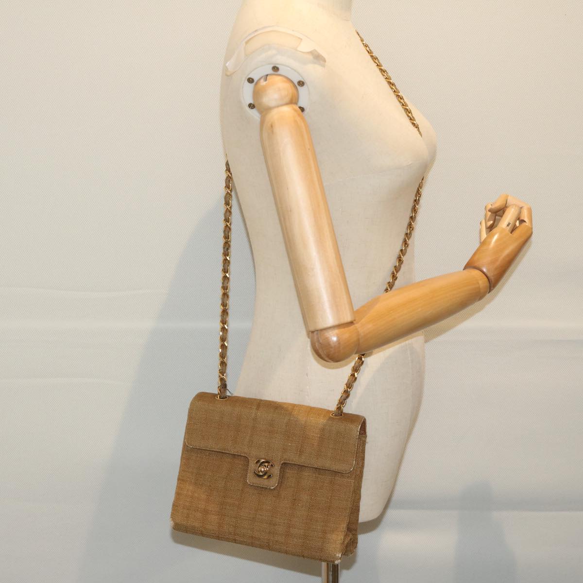 CHANEL Chain Shoulder Bag Canvas Brown CC 62565A