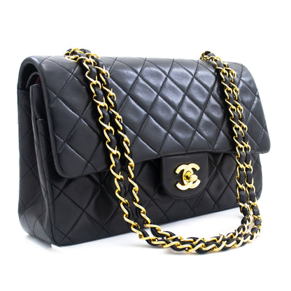 CHANEL Classic Double Flap 10" Chain Shoulder Bag Black Lambskin k76