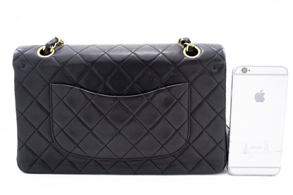 CHANEL Classic Double Flap 10" Chain Shoulder Bag Black Lambskin k76
