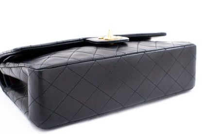 CHANEL Classic Double Flap 10" Chain Shoulder Bag Black Lambskin k76