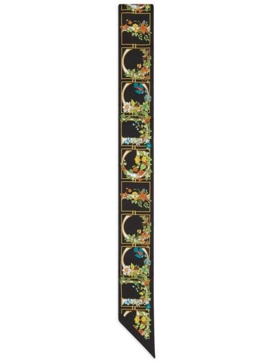 Gucci Animal Floral Print Silk Neck Bow Scarf Black